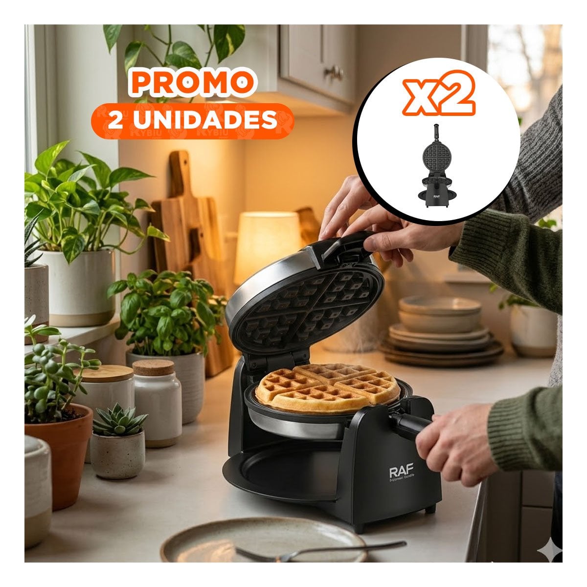 PACK2 MAQUINA DE WAFLES GIRATORIA DE ALUMINIO NEGRO CON ANTIADHERENTE PARA CASA - 1