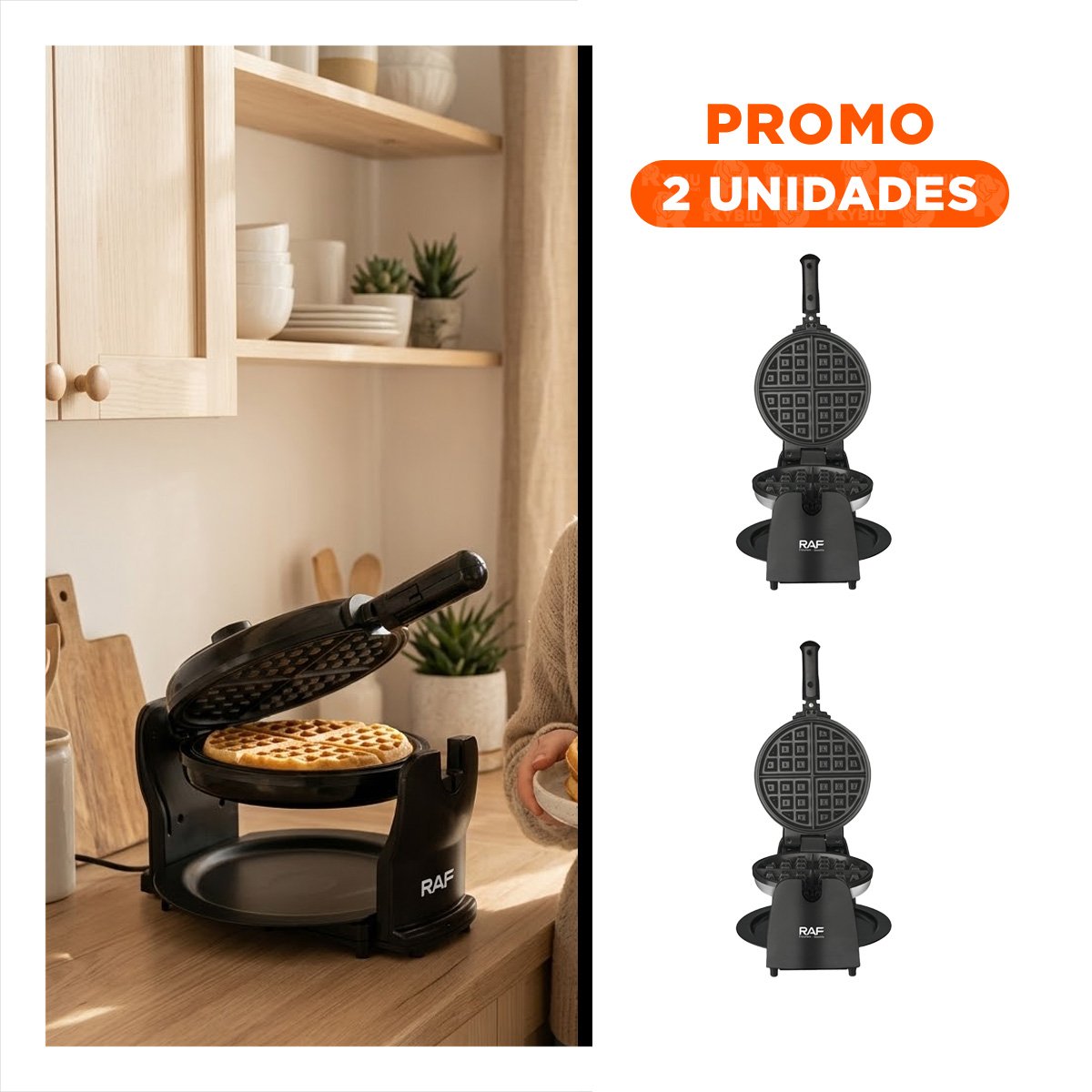 PACK2 WAFLERA NEGRA DE ALUMINIO GIRATORIA CON LUCES LED DE ENCENDIDO YREGALO STICKER - 1