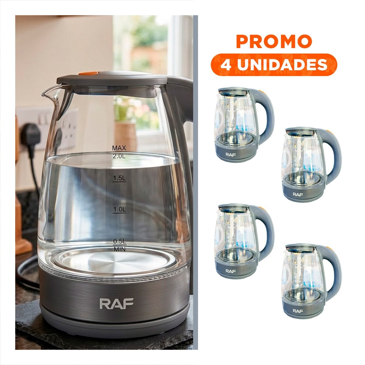 PACK4 HERVIDORA ELECTRICA DE VIDRIO CON ACERO GRIS DE 2 LITROS PARA CASA - 1