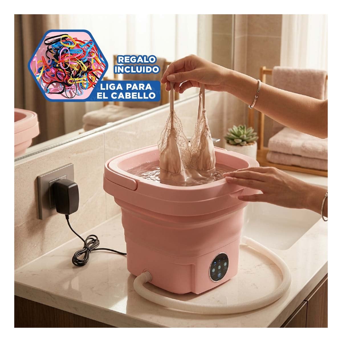 LAVADORITA PORTATIL PLEGABLE PARA ROPA DELICADA EN COLOR ROSADO DE PLASTICO YLIGAS REGALO - 2
