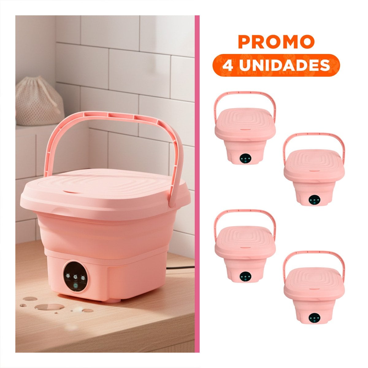 PACK4 LAVADORITA MINI PLEGABLE PORTATIL DE PLASTICO PARA ROPA EN COLOR ROSADO Y - 1
