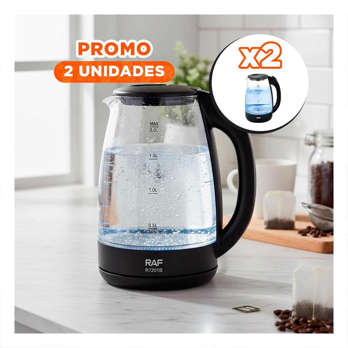 PACK2 TETERA ELECTRICA 2L DE VIDRIO Y ACERO NEGRO CON APAGADO AUTOMATICO DE CASA YPAPEL REGALO - 1