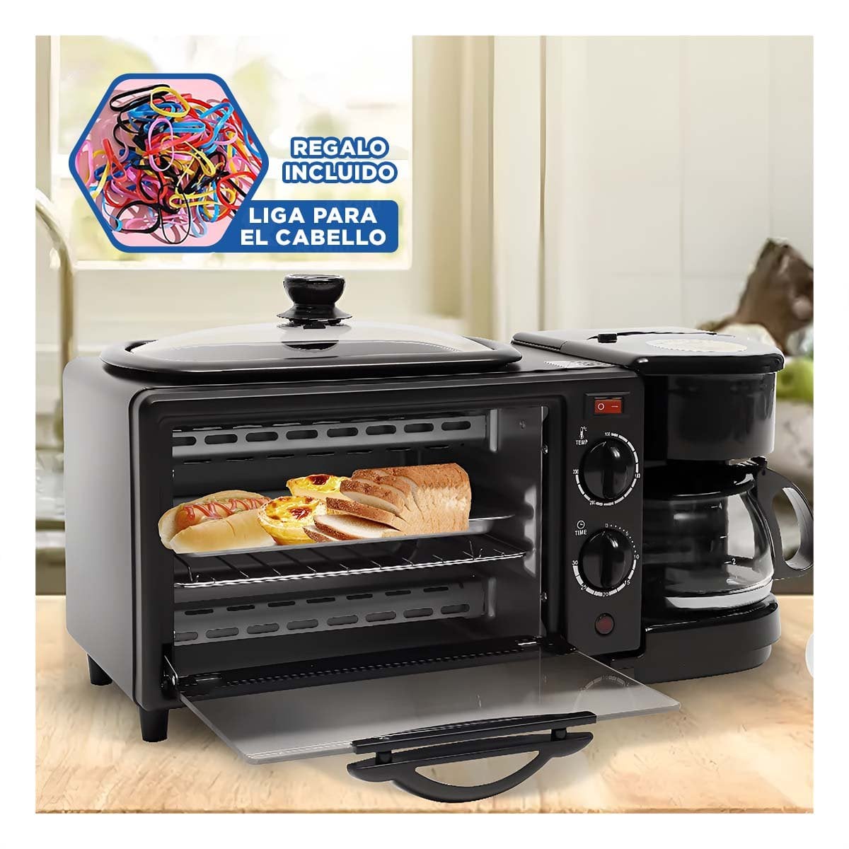 ELECTRODOMESTICO INTEGRADO DE HORNO CON CAFETERA 3 EN 1 NEGRO DE VIDRIO YLIGAS REGALO - 2