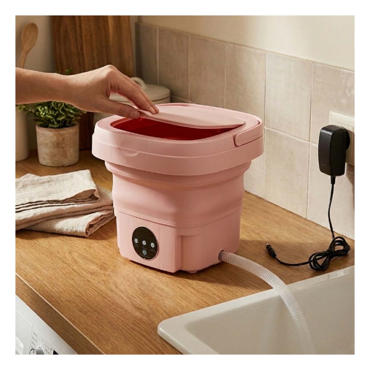MAQUINITA DE LAVAR PLEGABLE PORTATIL PARA ESPACIOS CHICOS EN COLOR ROSADO YSTICKY - 3
