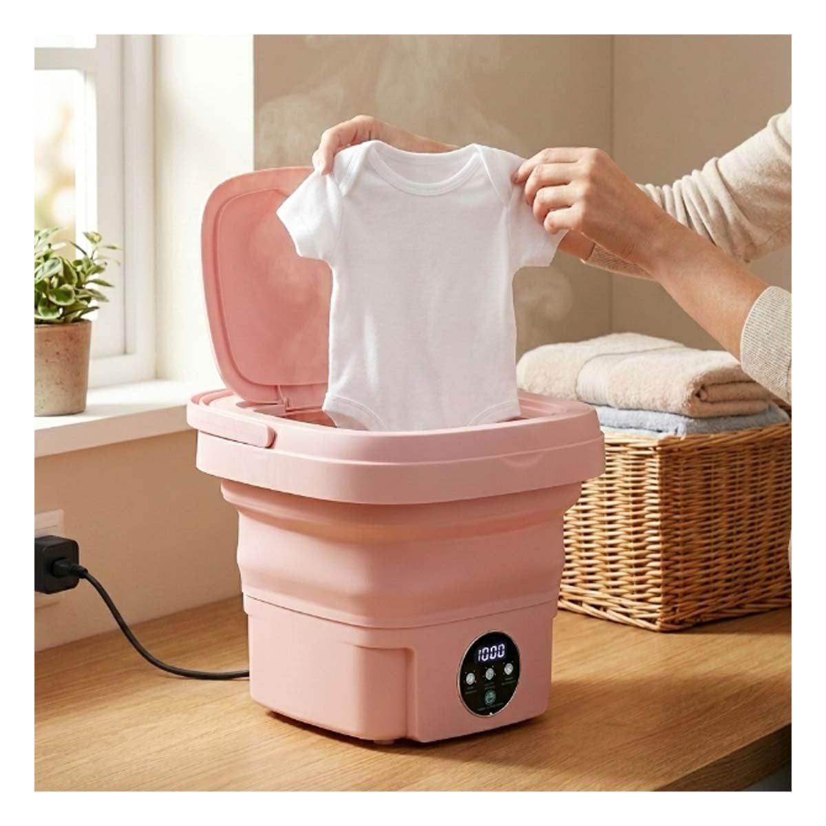PACK2 LAVADORA PORTATIL PLEGABLE PARA CASA Y VIAJE DE PLASTICO EN COLOR ROSADO - 3