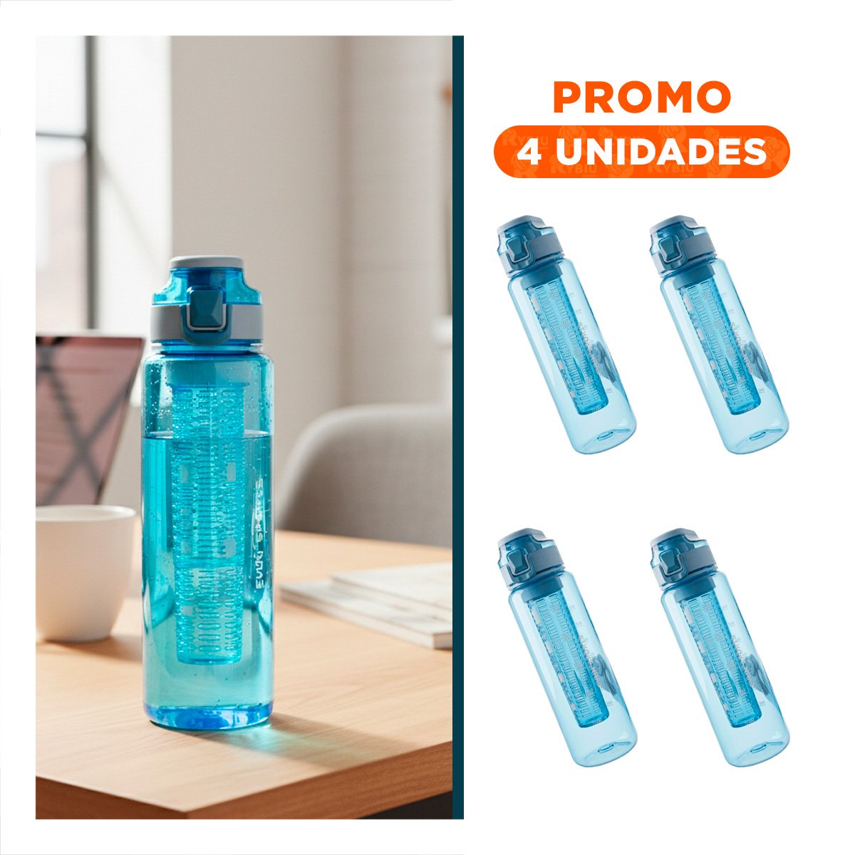 PACK4 ENVASE TRANSPARENTE CON FILTRO 1000ML AZUL PARA LLEVAR AGUA Y JUGOS - 1