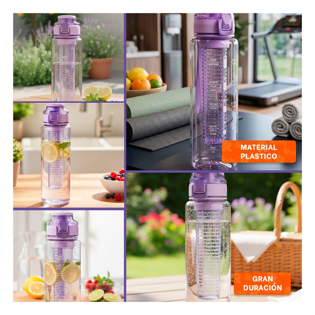 FRASCO PORTATIL CON FILTRO 1000ML LILA TRANSPARENTE PARA BEBER AGUA EN MOVIMIENTO YSTICKY - 2