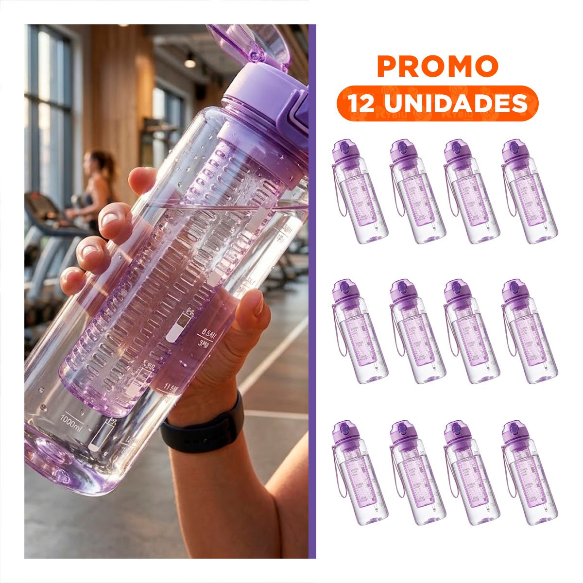 PACK12 COPA PORTATIL CON FILTRO 1000ML LILA TRANSPARENTE PARA BEBER EN CASA O OFICINA - 1
