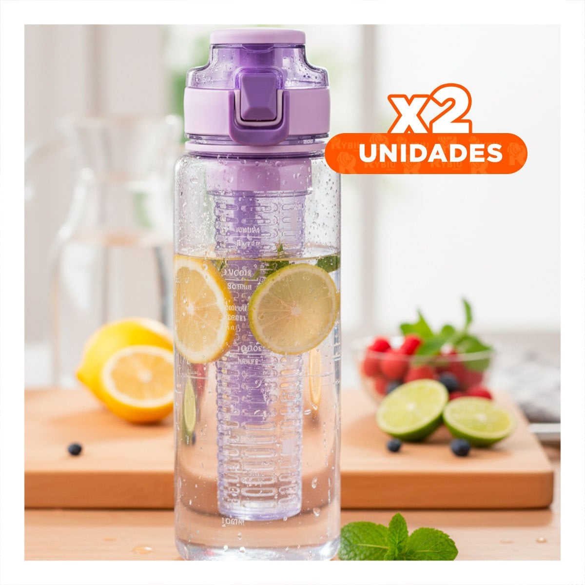 PACK2 RECIPIENTE PORTATIL CON FILTRO 1000ML LILA TRANSPARENTE PARA HIDRATACION Y OFICINA - 1