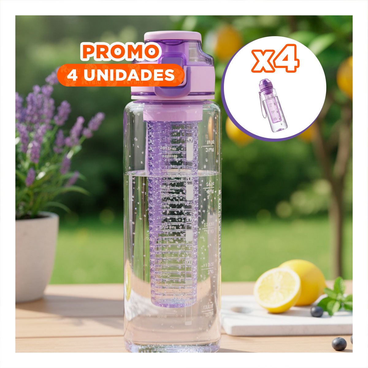 PACK4 BOTELLON GRANDE CON FILTRO 1000ML LILA TRANSPARENTE PARA HOGAR Y OFICINA YPAPEL REGALO - 1