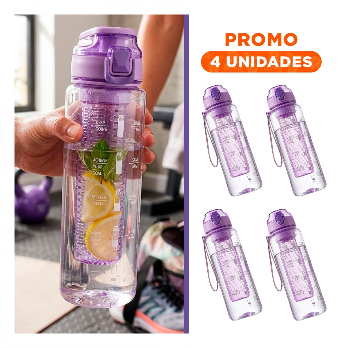 PACK4 ENVASE TRANSPARENTE CON FILTRO 1000ML LILA PARA LLEVAR AGUA Y JUGOS - 1