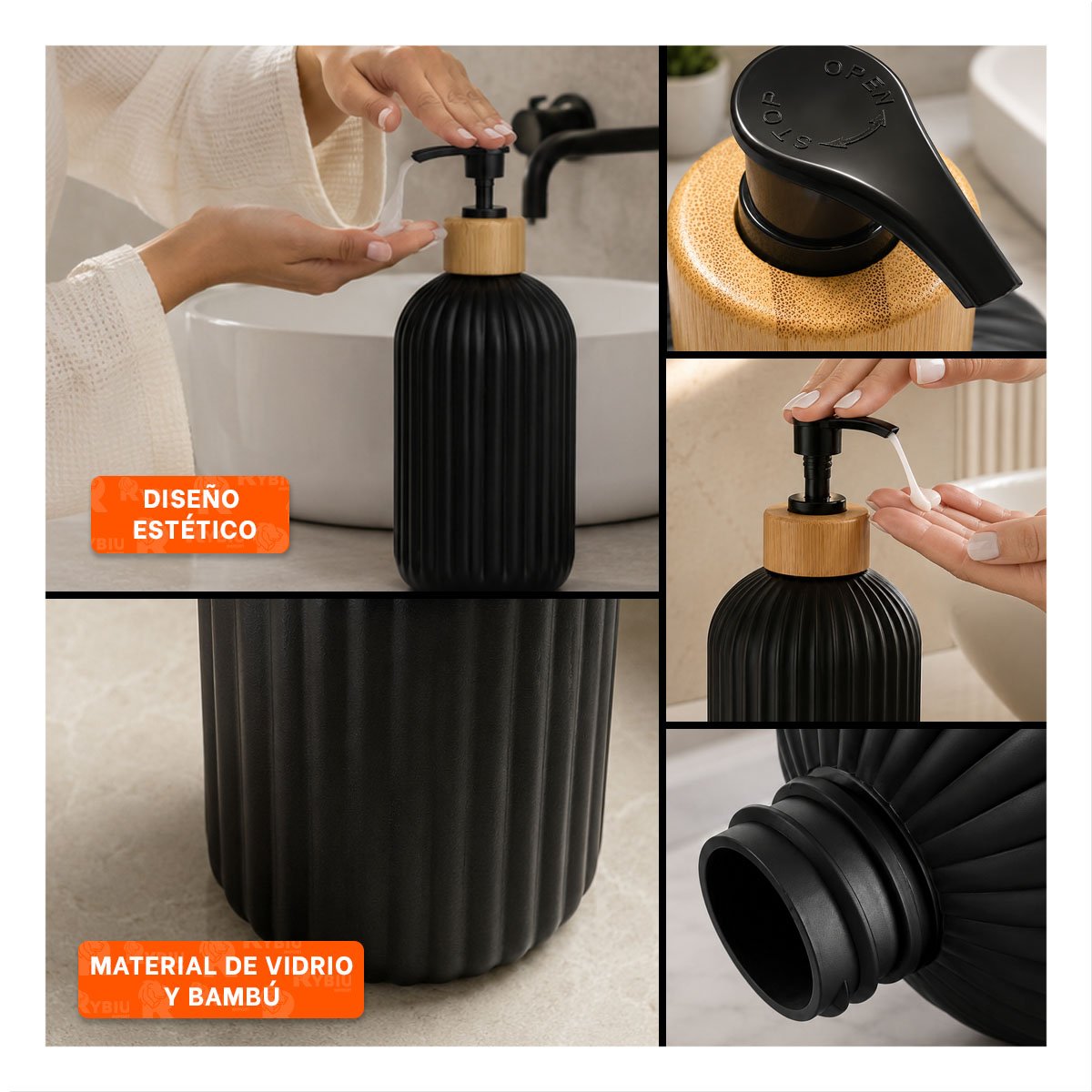 ENVASE PARA JABON LIQUIDO CILINDRO NEGRO 7X19CM CON RAYAS Y PAPEL REGALO - 3