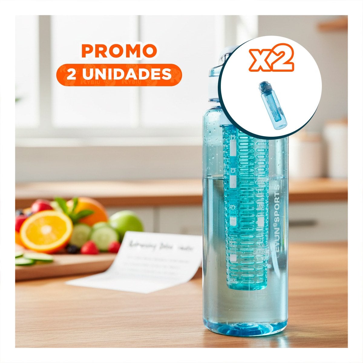 PACK2 RECIPIENTE PORTATIL CON FILTRO 1000ML AZUL TRANSPARENTE PARA HIDRATACION Y OFICINA - 1