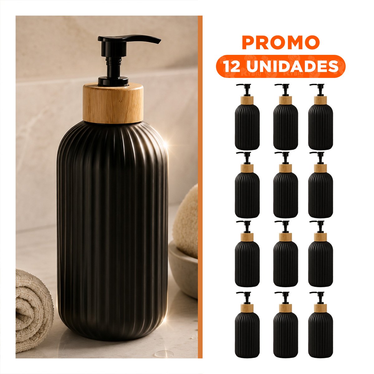 PACK12 DISPENSADOR DE JABON LIQUIDO CON DISENO CILINDRO COLOR NEGRO 7X19CM - 1