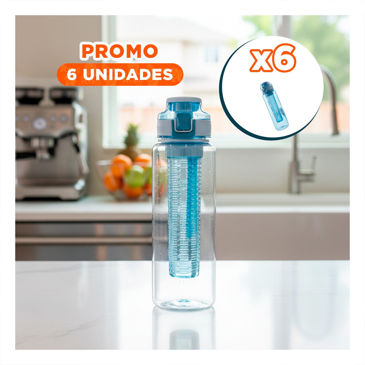 PACK6 CILINDRO PORTATIL CON FILTRO 1000ML AZUL TRANSPARENTE PARA HIDRATACION DIARIA - 1