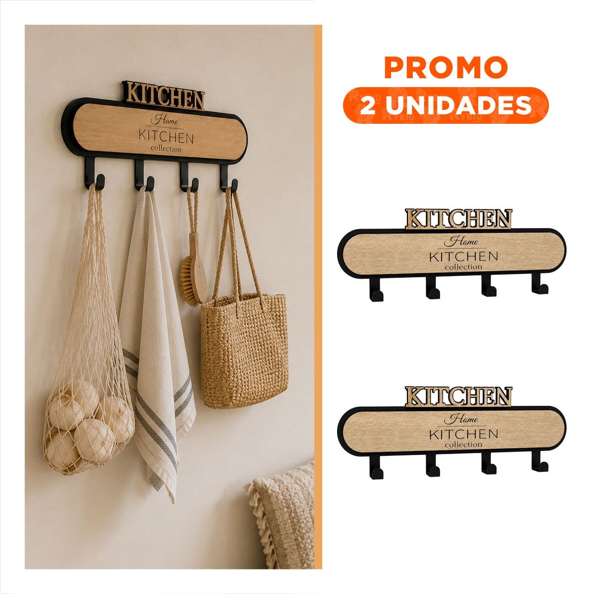 PACK2 PERCHERO CON 4 GANCHOS PARA PARED KITCHEN NEGRO Y BEIGE ORGANIZADOR YREGALO STICKER - 1