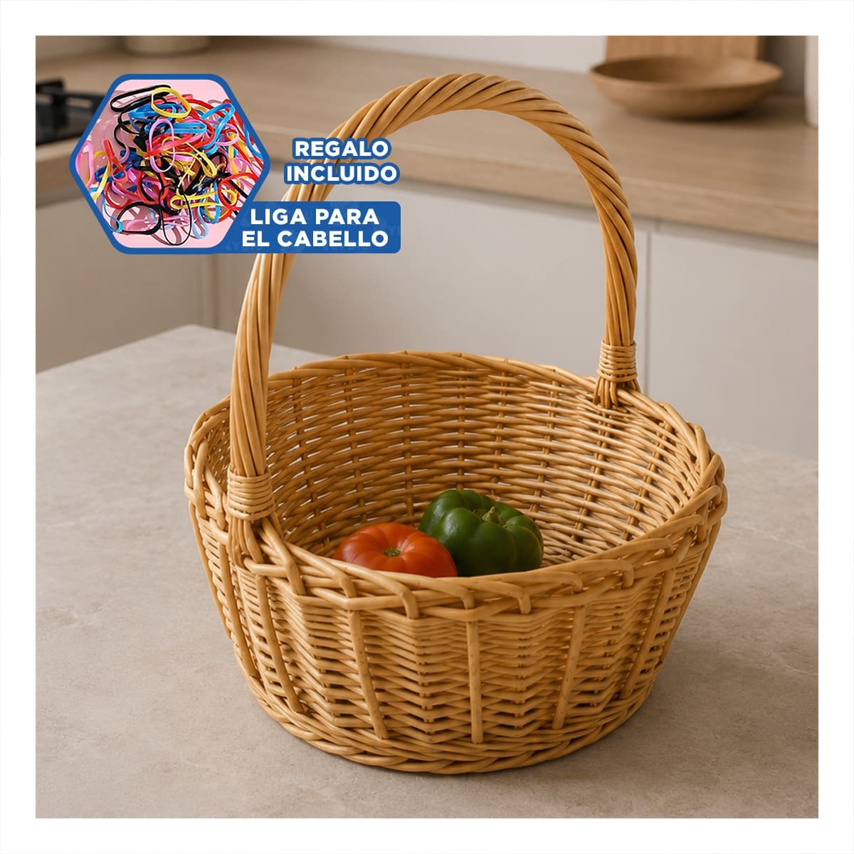 CANASTILLA DECORATIVA DE MIMBRE CIRCULAR MOSTAZA CLARO 31X35 CM Y LIGAS REGALO - 2