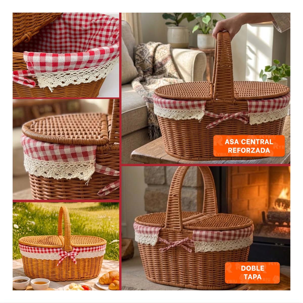CESTA CON FORRO INTERIOR DE TELA OVALADA TEJIDA ASA MOSTAZA Y ROJO 40,5X37,5X27 Y PAPEL REGALO - 3
