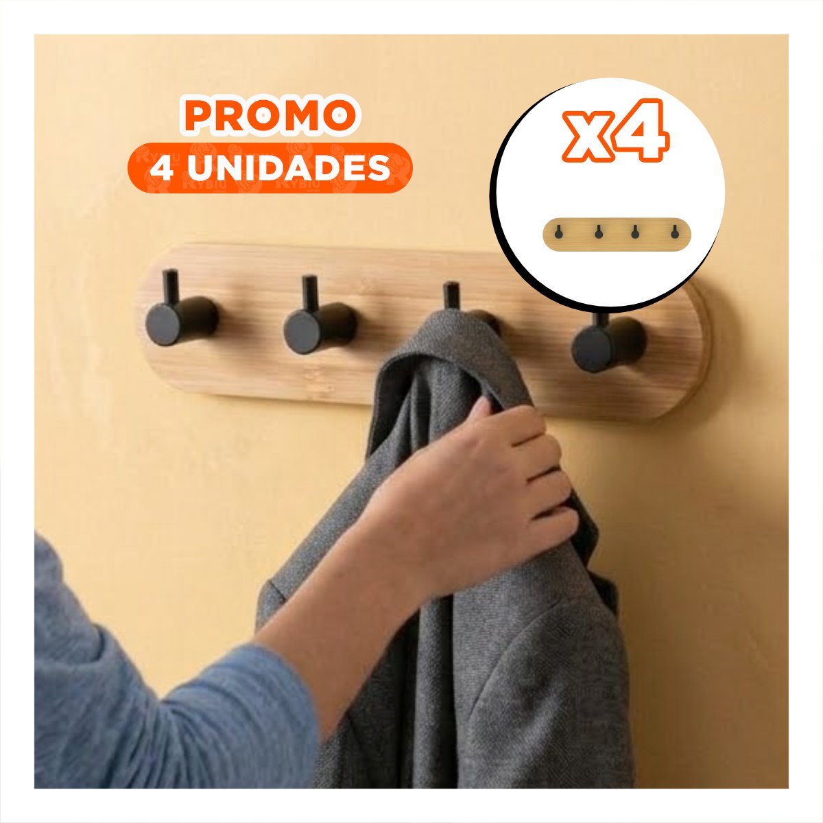 PACK4 SUJETADOR DE PARED BAMBU NEGRO 19X5CM ADHESIVO CON 4 GANCHOS PARA HOGAR YREGALO STICKER - 1