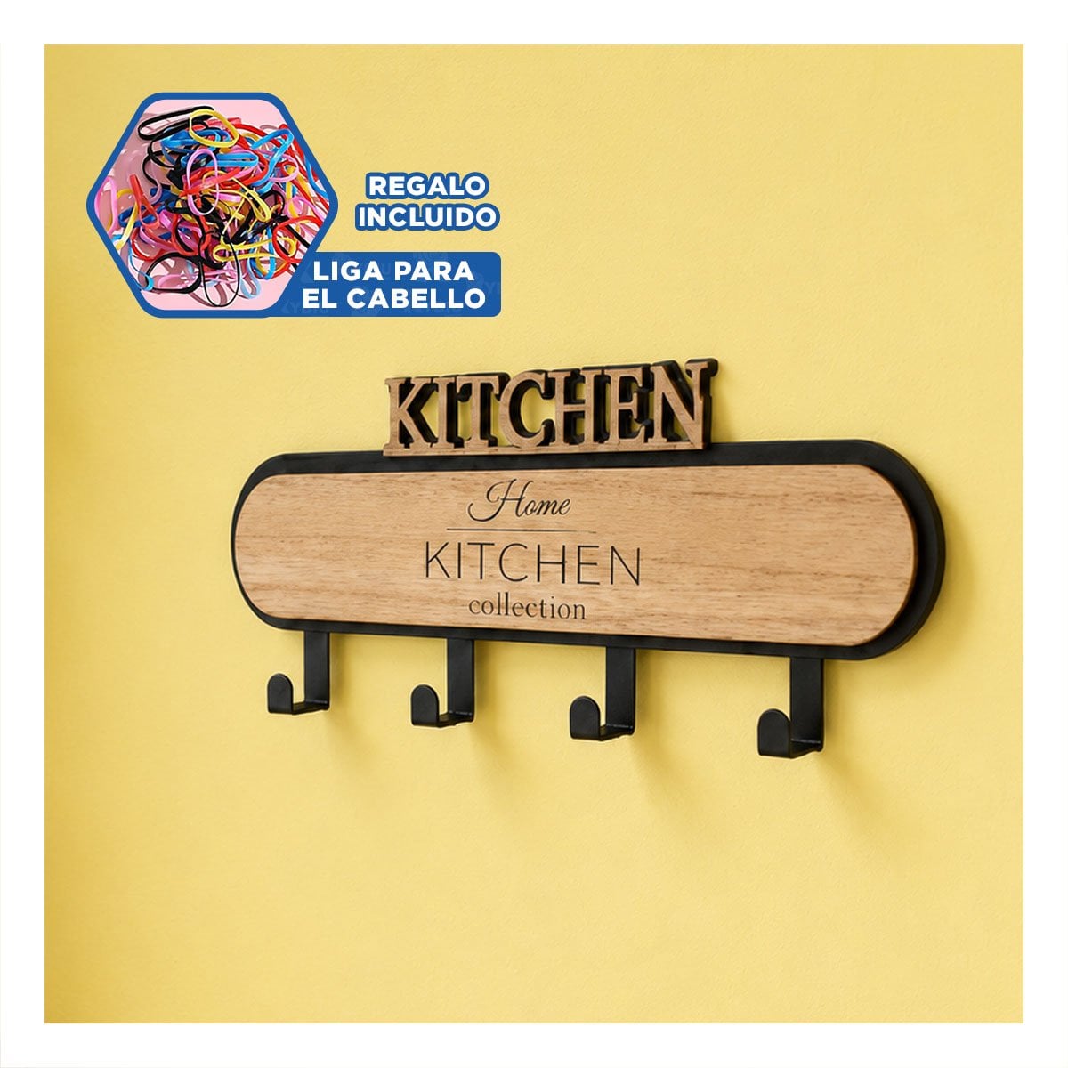 SUJETADOR KITCHEN NEGRO Y BEIGE CON 4 GANCHOS PARA PARED 39X13,5CM FUNCIONAL Y LIGAS REGALO - 2