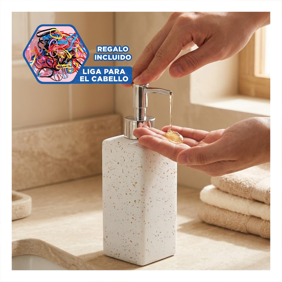 CONTENEDOR PARA LIQUIDOS RECTANGULAR BLANCO DISENO PUNTOS DORADOS 20,5X5,8 CM Y LIGAS REGALO - 2