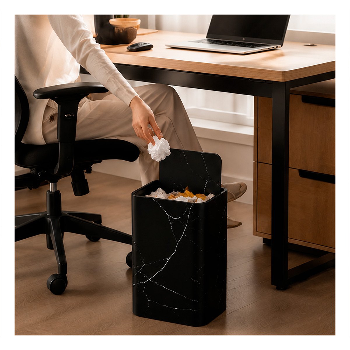PACK2 TACHO ORGANIZADOR DE RESIDUOS PARA COCINA Y HOGAR NEGRO MARMOLEADO - 3