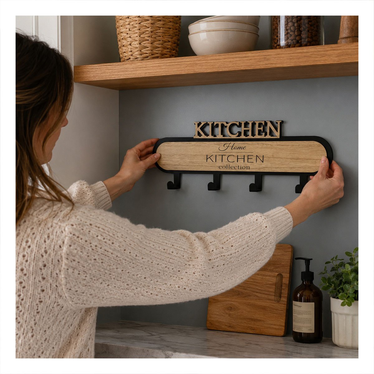 PERCHERO 39X13,5CM KITCHEN NEGRO Y BEIGE CON 4 GANCHOS PARA ENTRADA Y STICKY - 3