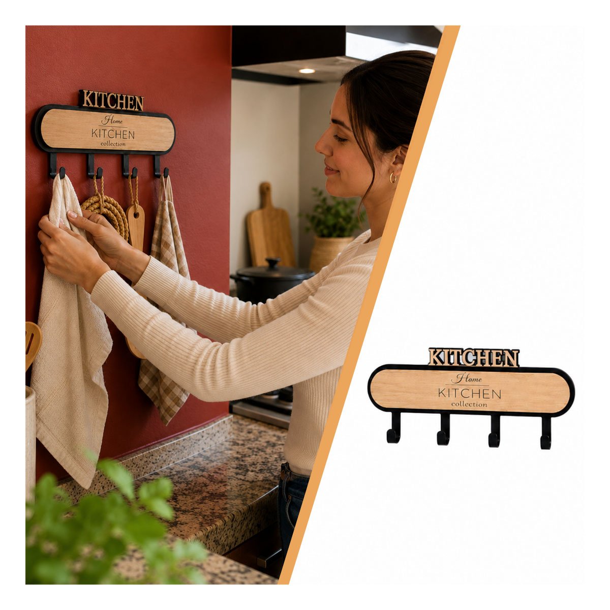 PERCHERO 39X13,5CM KITCHEN NEGRO Y BEIGE CON 4 GANCHOS PARA ENTRADA Y STICKY - 5