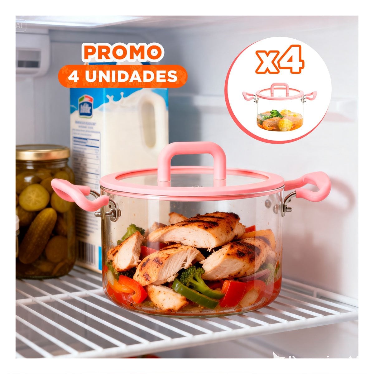 PACK4 CAZUELA DE BOROSILICATO CIRCULAR CON TAPA ROSADO Y TRANSPARENTE 4,5L YREGALO STICKER - 1