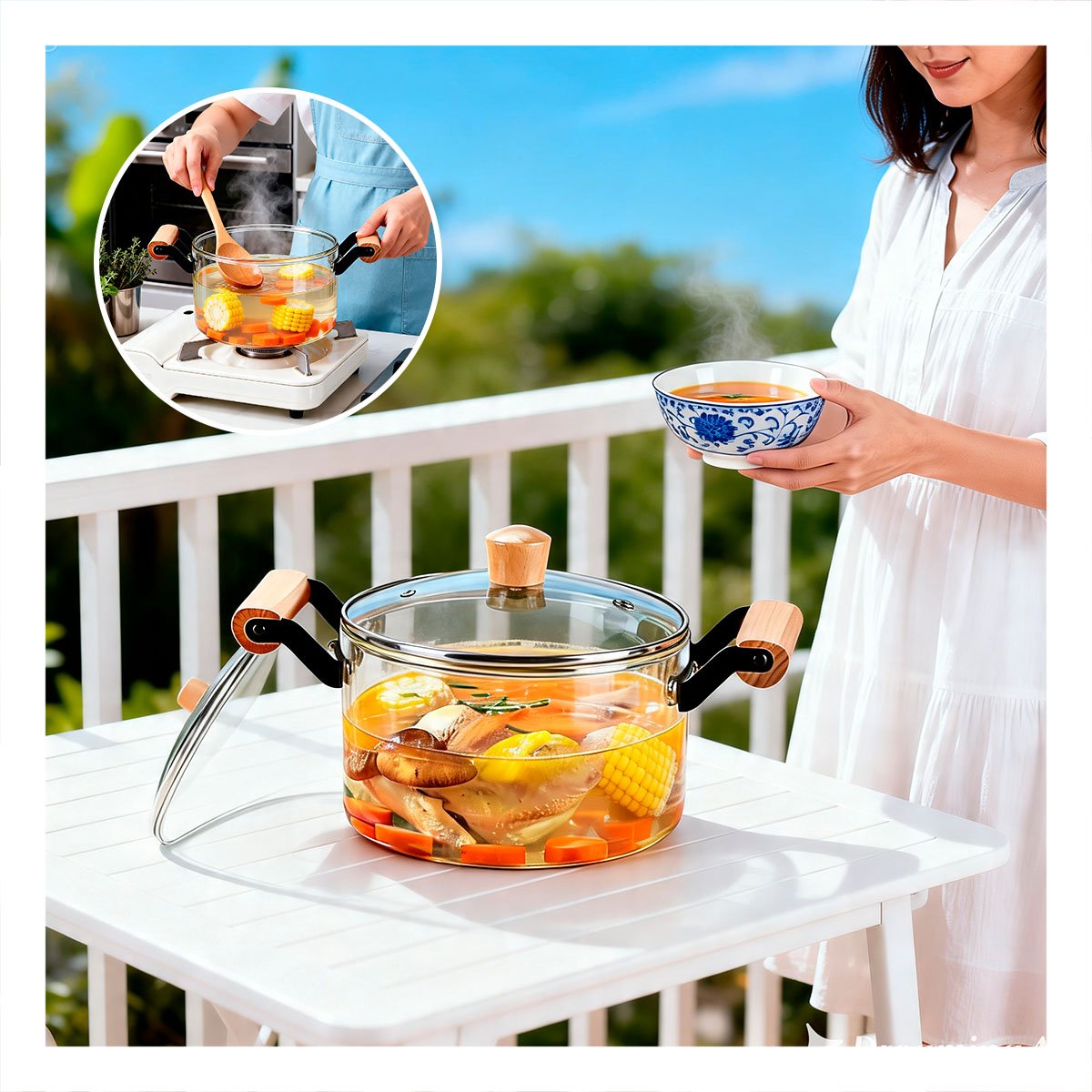 PACK2 CACEROLA DE BOROSILICATO CON TAPA CIRCULAR 4,5L TRANSPARENTE Y ASA DE MADERA - 5