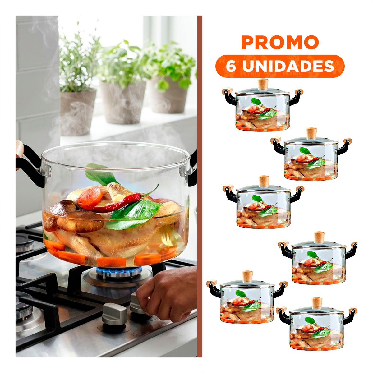 PACK6 CAZUELA CON TAPA CIRCULAR 4,5L ASA DE MADERA Y BOROSILICATO TRANSPARENTE YREGALO STICKER - 1