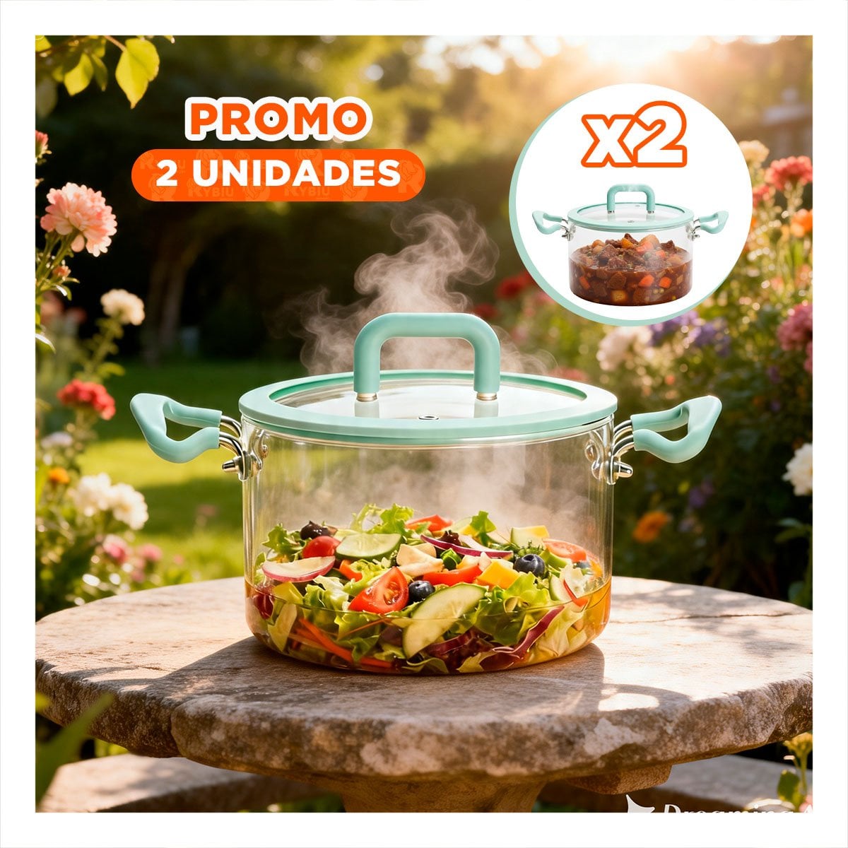 PACK2 CACEROLA DE BOROSILICATO CON TAPA CIRCULAR 4,5L VERDE AGUA Y TRANSPARENTE Y ASA - 1