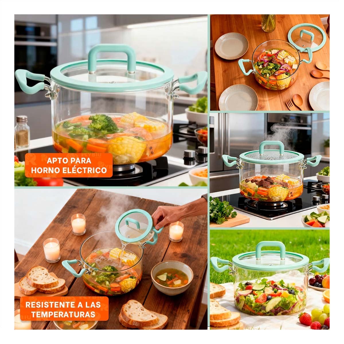 RECIPIENTE VERDE AGUA Y TRANSPARENTE 4,5L CON TAPA DE BOROSILICATO Y ASA Y LIGAS REGALO - 1