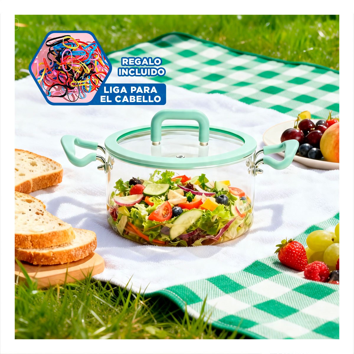 RECIPIENTE VERDE AGUA Y TRANSPARENTE 4,5L CON TAPA DE BOROSILICATO Y ASA Y LIGAS REGALO - 2
