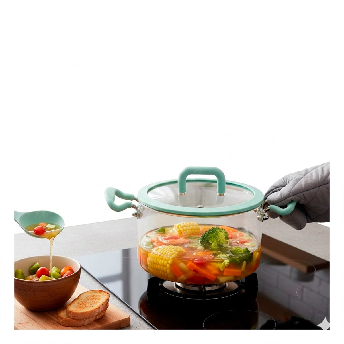 RECIPIENTE VERDE AGUA Y TRANSPARENTE 4,5L CON TAPA DE BOROSILICATO Y ASA Y LIGAS REGALO - 5