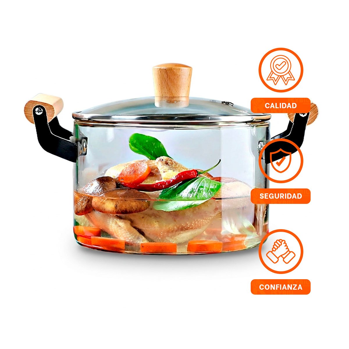 OLLA CON ASA DE MADERA Y TAPA DE BOROSILICATO TRANSPARENTE 4,5L CIRCULAR Y STICKY - 5