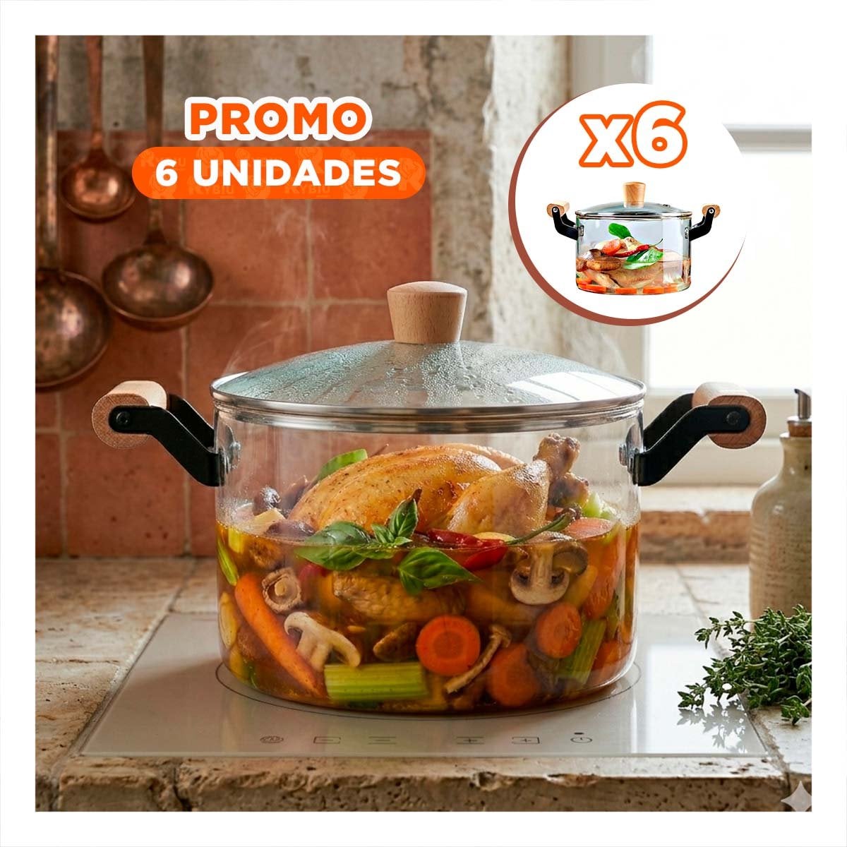 PACK6 OLLA TRANSPARENTE PARA COCINA CON 4,5L TAPA CIRCULAR Y ASA DE MADERA - 1