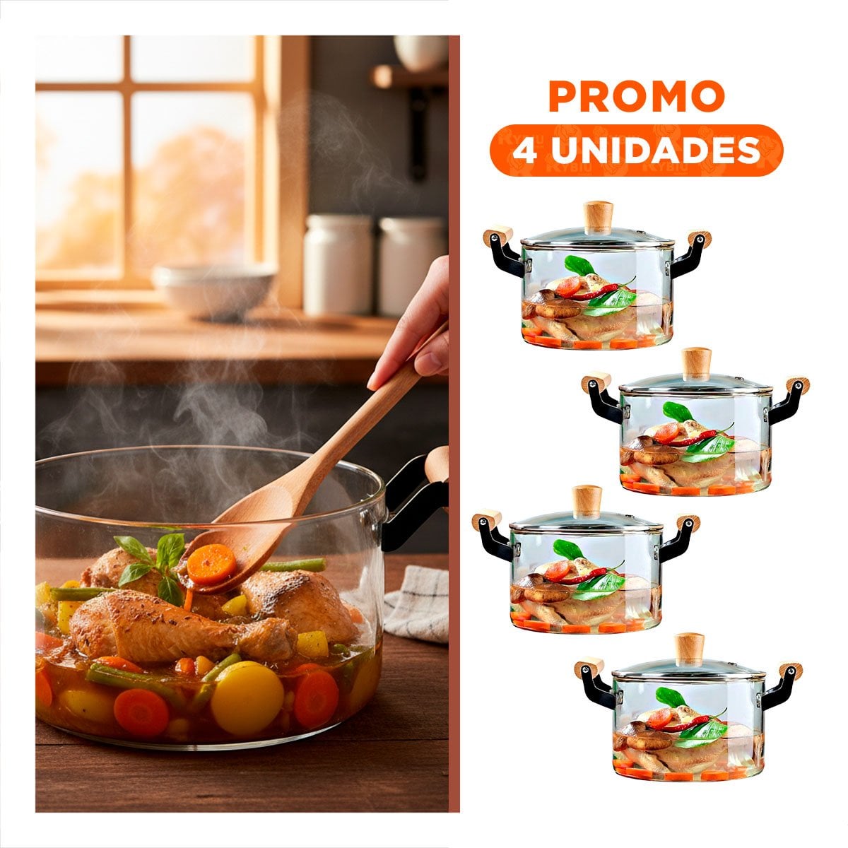 PACK4 OLLA CIRCULAR 4,5L TRANSPARENTE CON ASA DE MADERA Y TAPA DE BOROSILICATO - 1