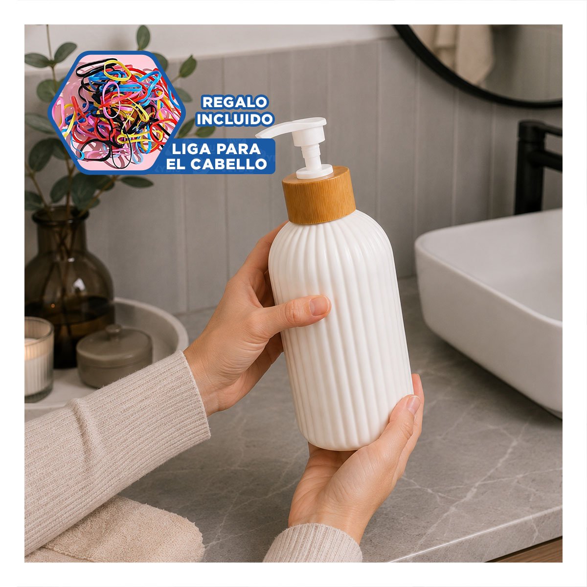 CONTENEDOR PARA LIQUIDOS CILINDRO BLANCO DISENO RAYAS 7X19CM Y LIGAS REGALO - 2