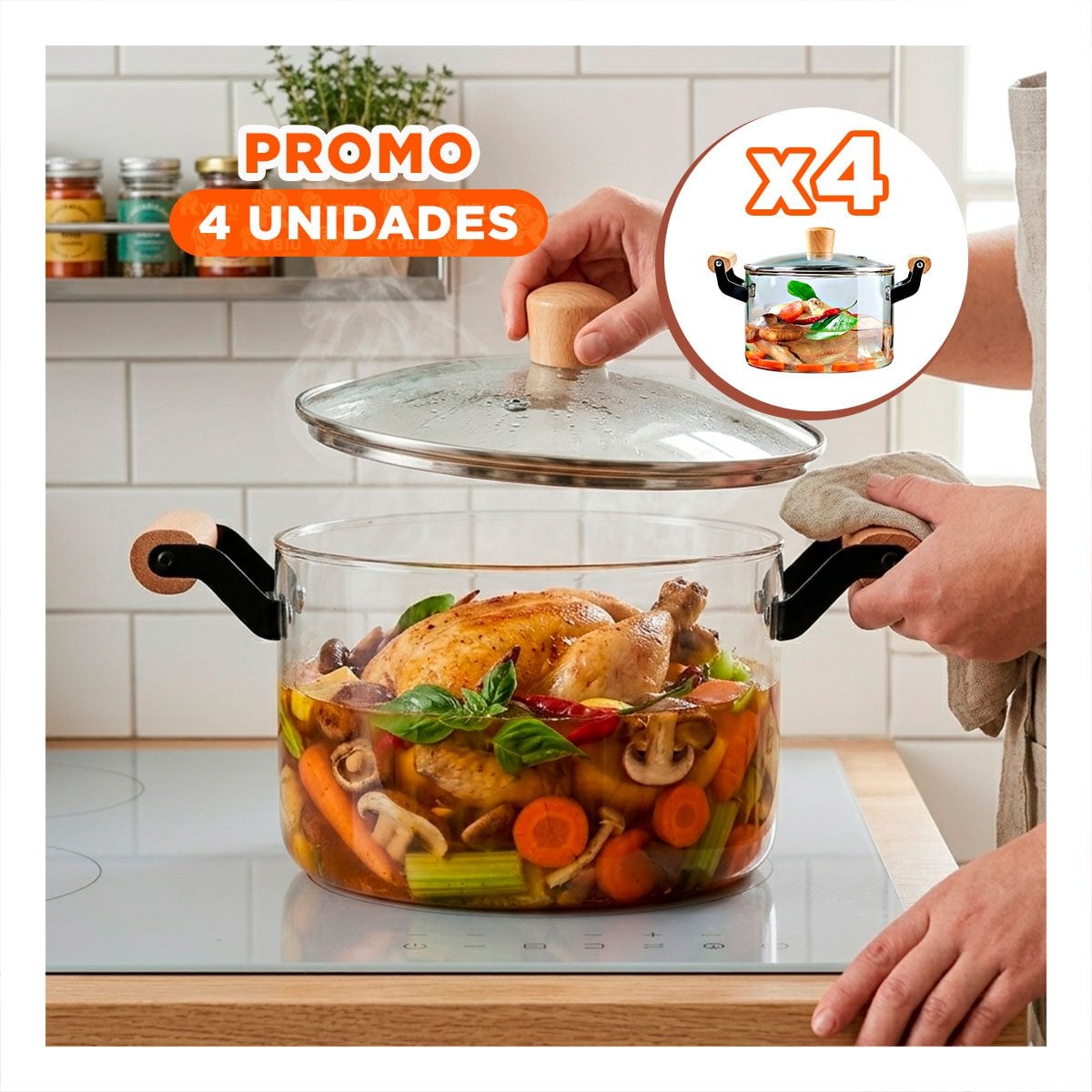 PACK4 CACEROLA PARA COCINA CON ASA DE MADERA Y TAPA 4,5L DE BOROSILICATO YPAPEL REGALO - 1