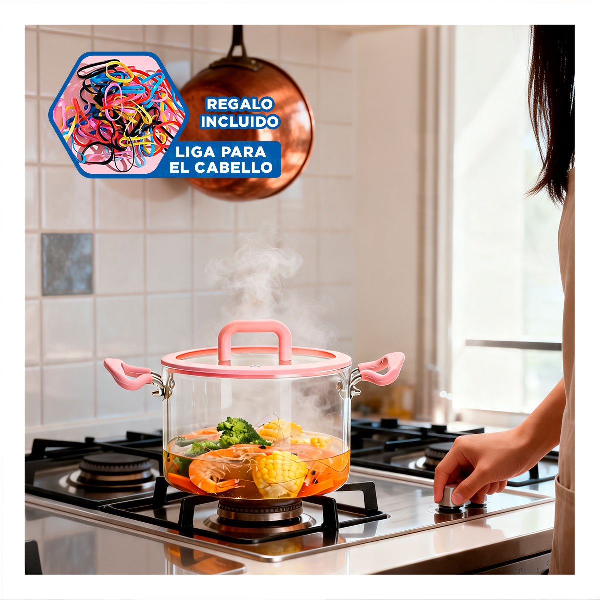 RECIPIENTE CIRCULAR ROSADO Y TRANSPARENTE 4,5L CON TAPA DE BOROSILICATO Y ASA Y LIGAS REGALO - 2