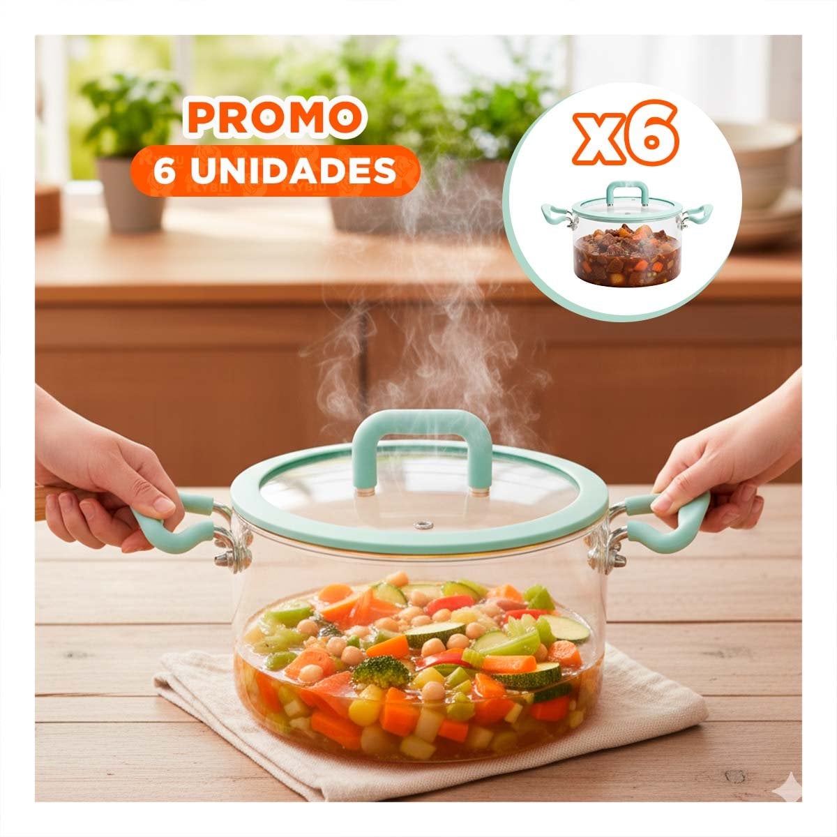 PACK6 OLLA VERDE AGUA Y TRANSPARENTE PARA COCINA CON 4,5L TAPA CIRCULAR Y ASA - 1