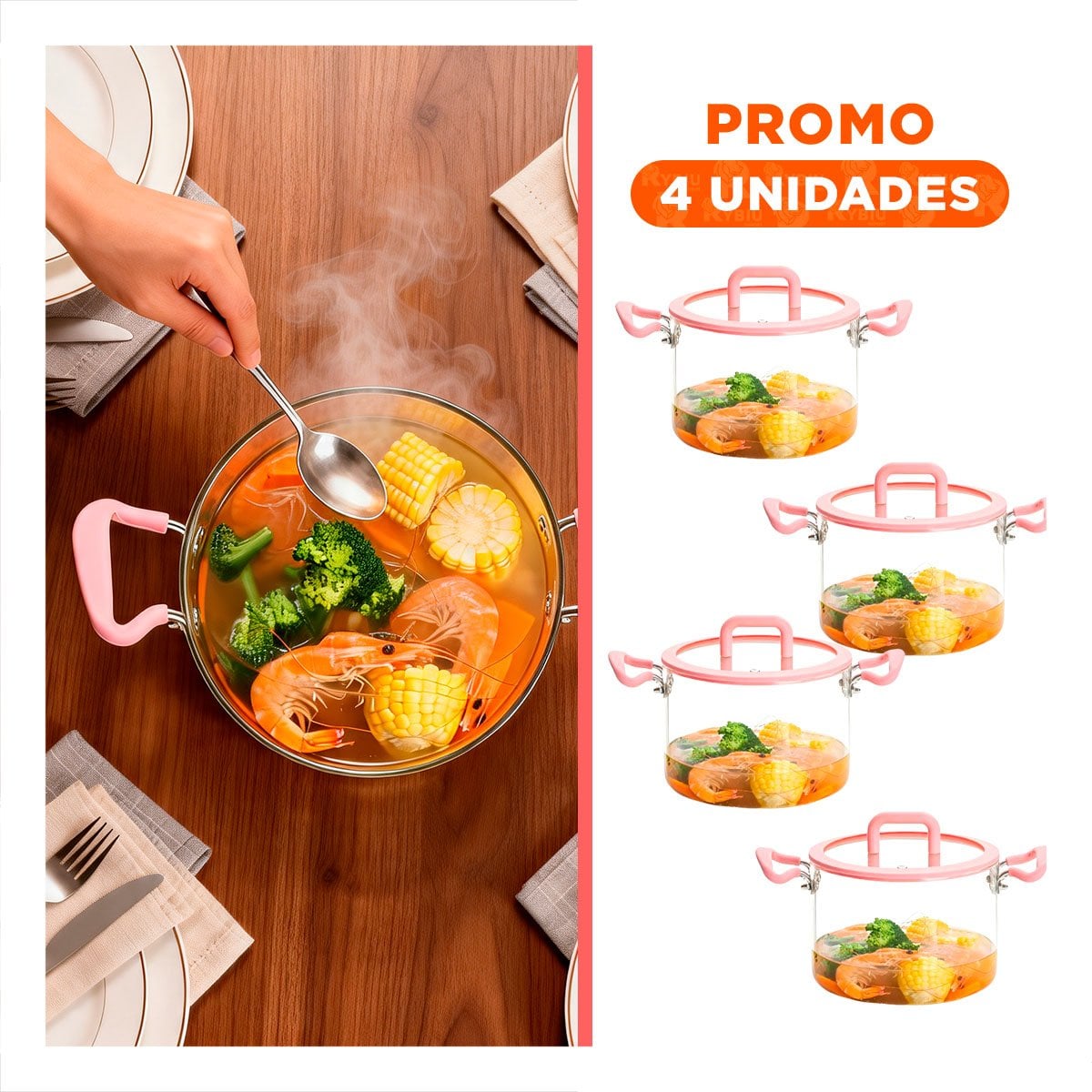 PACK4 OLLA CIRCULAR 4,5L ROSADO Y TRANSPARENTE CON ASA Y TAPA DE BOROSILICATO - 1