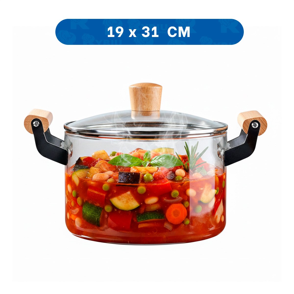 RECIPIENTE CIRCULAR TRANSPARENTE 4,5L CON TAPA DE BOROSILICATO Y ASA DE MADERA Y LIGAS REGALO - 4