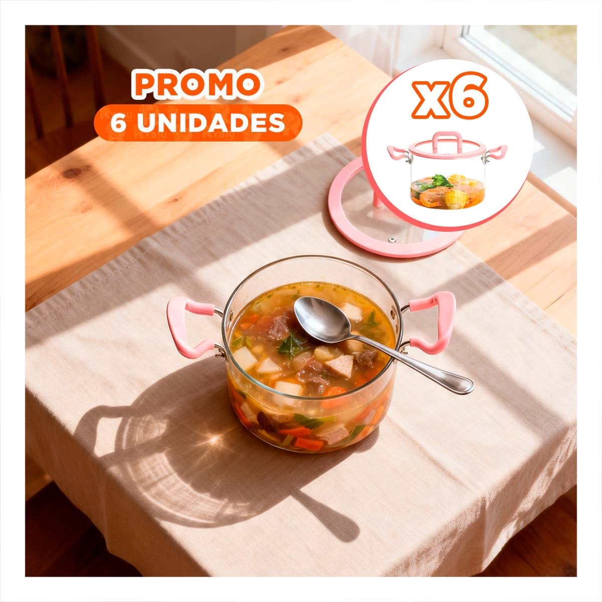 PACK6 OLLA ROSADO Y TRANSPARENTE PARA COCINA CON 4,5L TAPA CIRCULAR Y ASA - 1