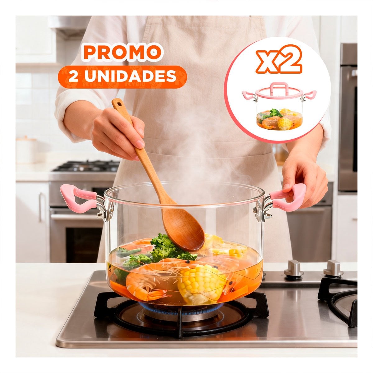 PACK2 CACEROLA DE BOROSILICATO CON TAPA CIRCULAR 4,5L ROSADO Y TRANSPARENTE Y ASA - 1