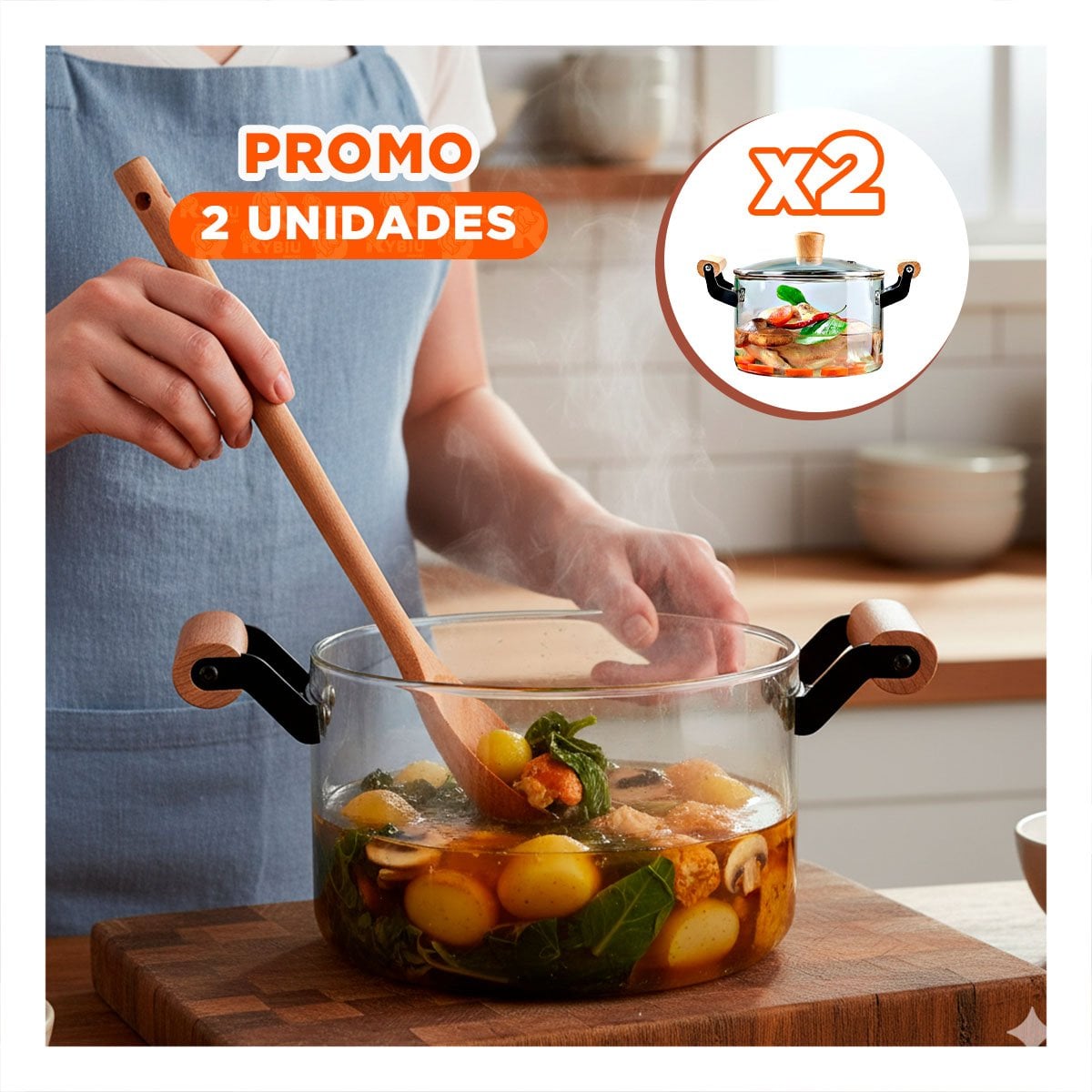 PACK2 CAZUELA TRANSPARENTE CON ASA DE MADERA DE BOROSILICATO Y TAPA CIRCULAR 4,5L YPAPEL REGALO - 1