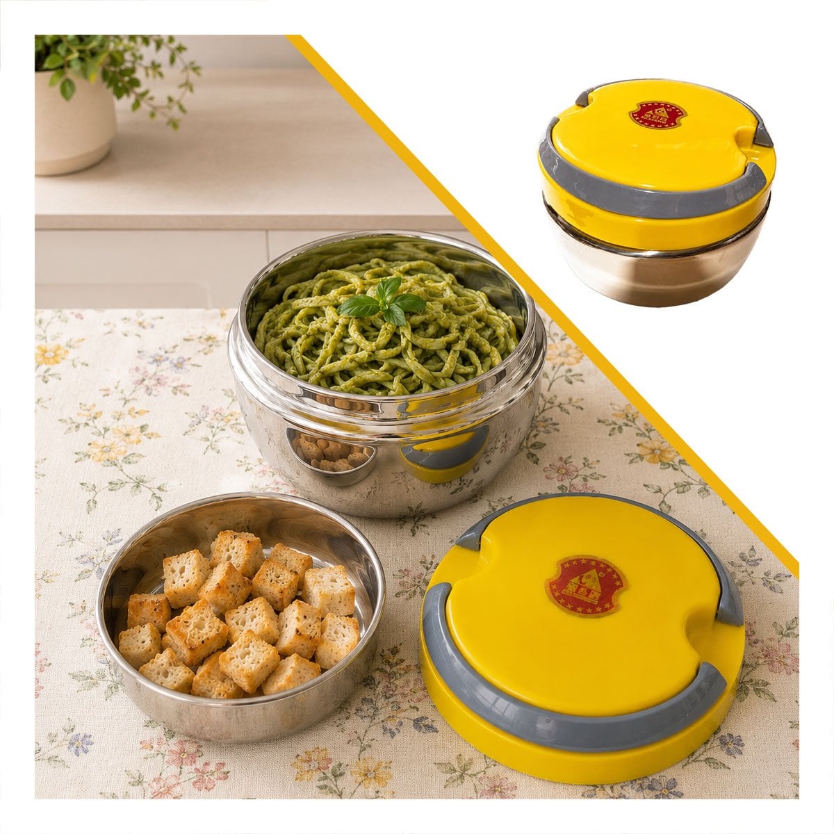 ENVASE CONSERVADOR DE TEMPERATURA 1200ML CIRCULAR COLOR AMARILLO PARA COMIDAS YREGALO STICKER - 1
