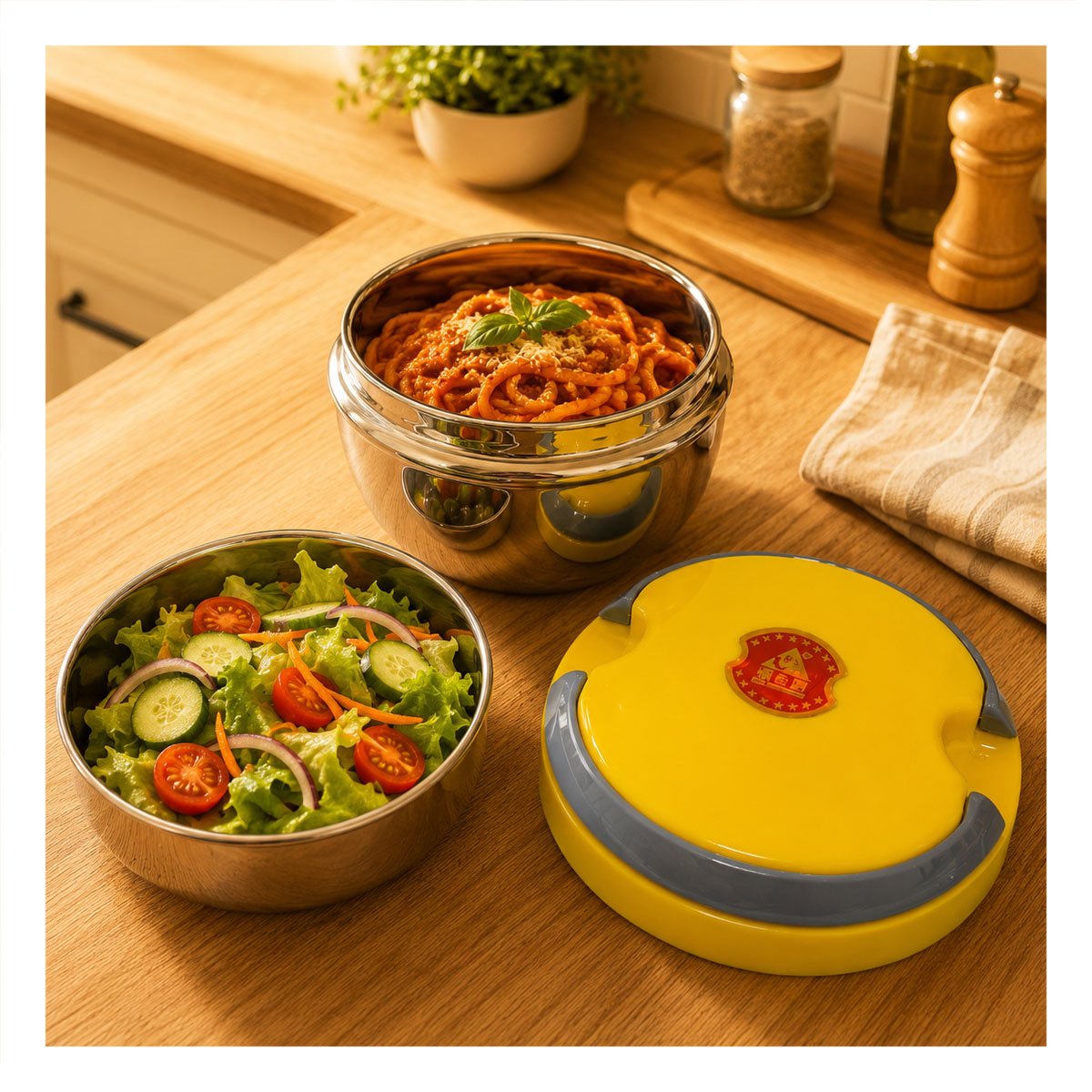ENVASE CONSERVADOR DE TEMPERATURA 1200ML CIRCULAR COLOR AMARILLO PARA COMIDAS YREGALO STICKER - 5