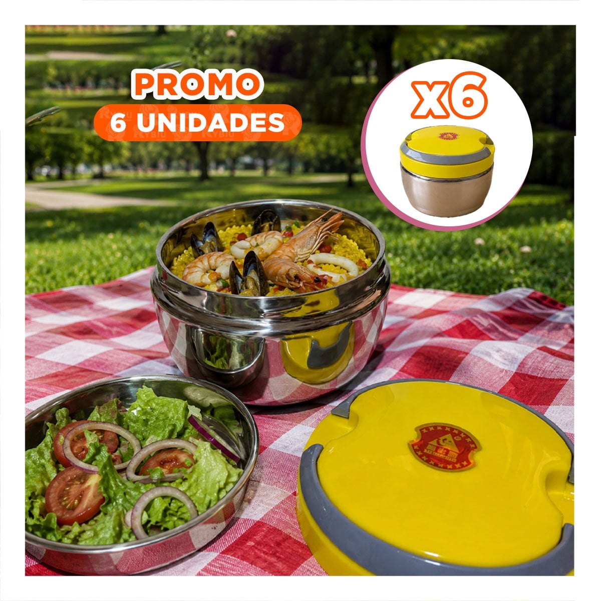 PACK6 TAPER DE ALIMENTOS CON DISENO CIRCULAR 1200ML COLOR AMARILLO PORTATIL - 1